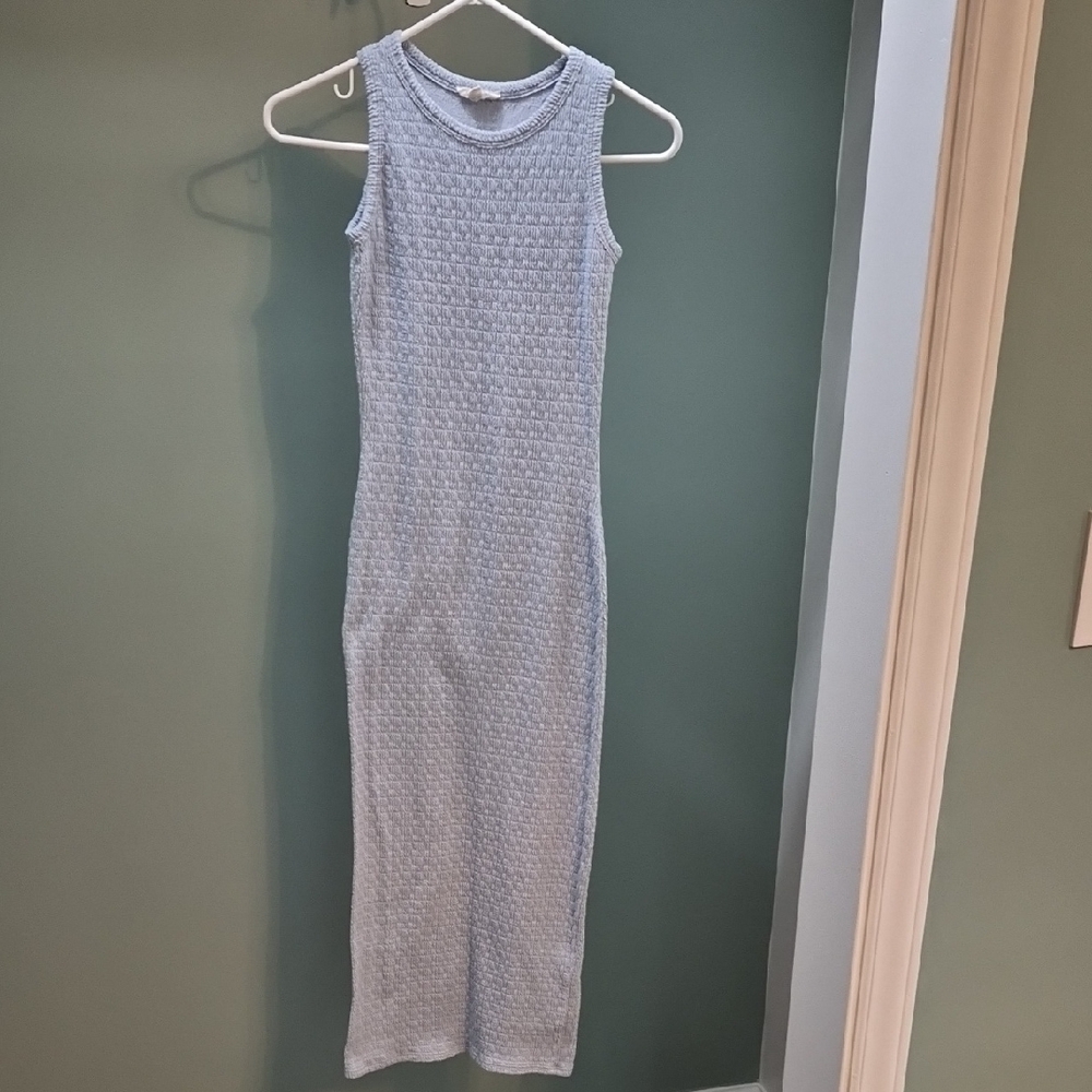 See You Monday Light Blue Textured Fitted Midi Dress